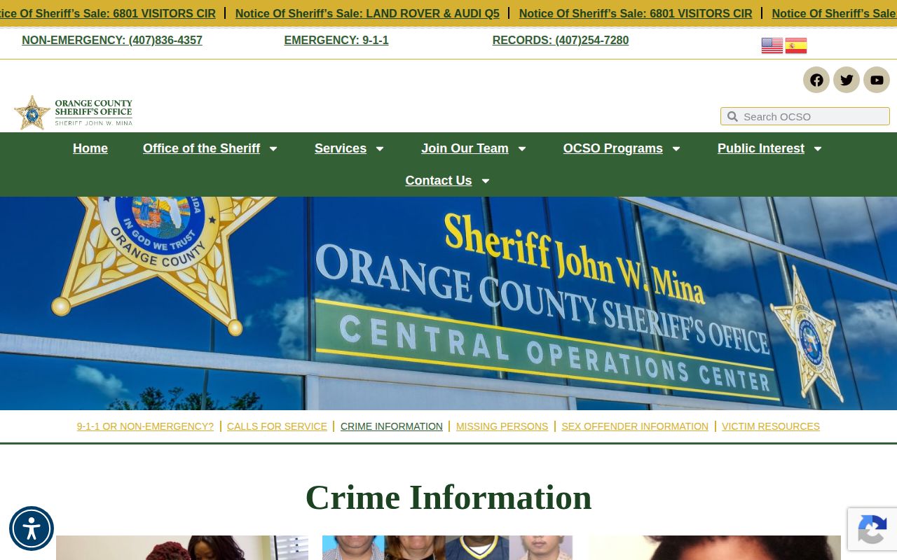 Orange County Sheriff's Office crime information page showing no current most wanted fugitive roster