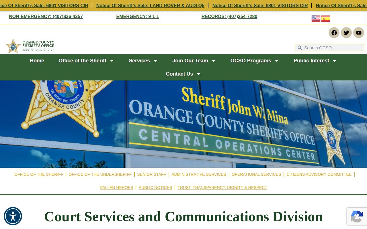 Orange County Sheriff's Office Court Services and Warrants Unit contact page