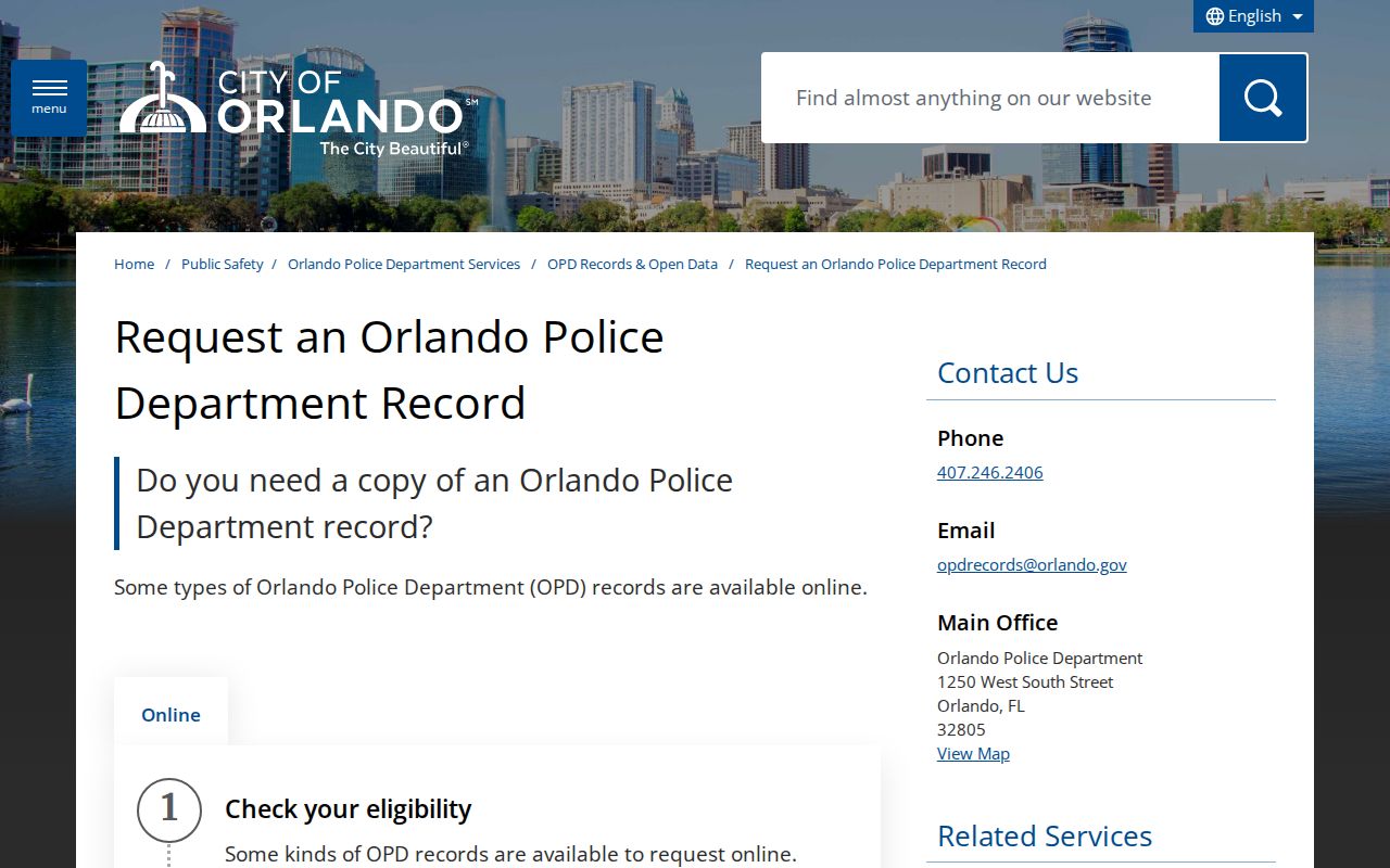 Orlando Police Department arrest record request interface for Orange County